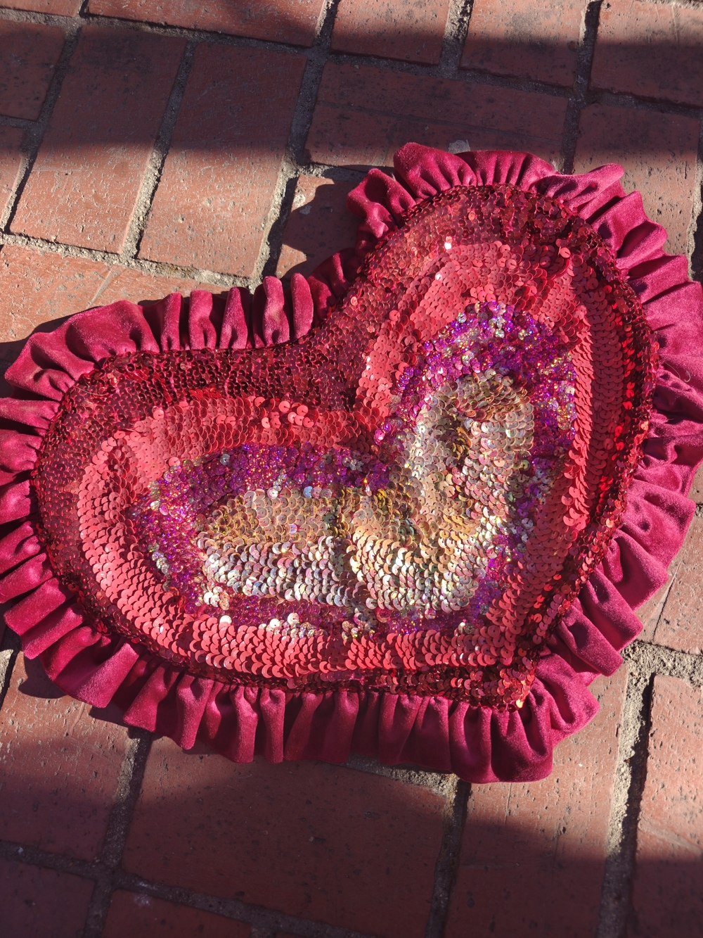 Jackalope Land Sequin Heart Throw Pillow - Red Pink Velvet